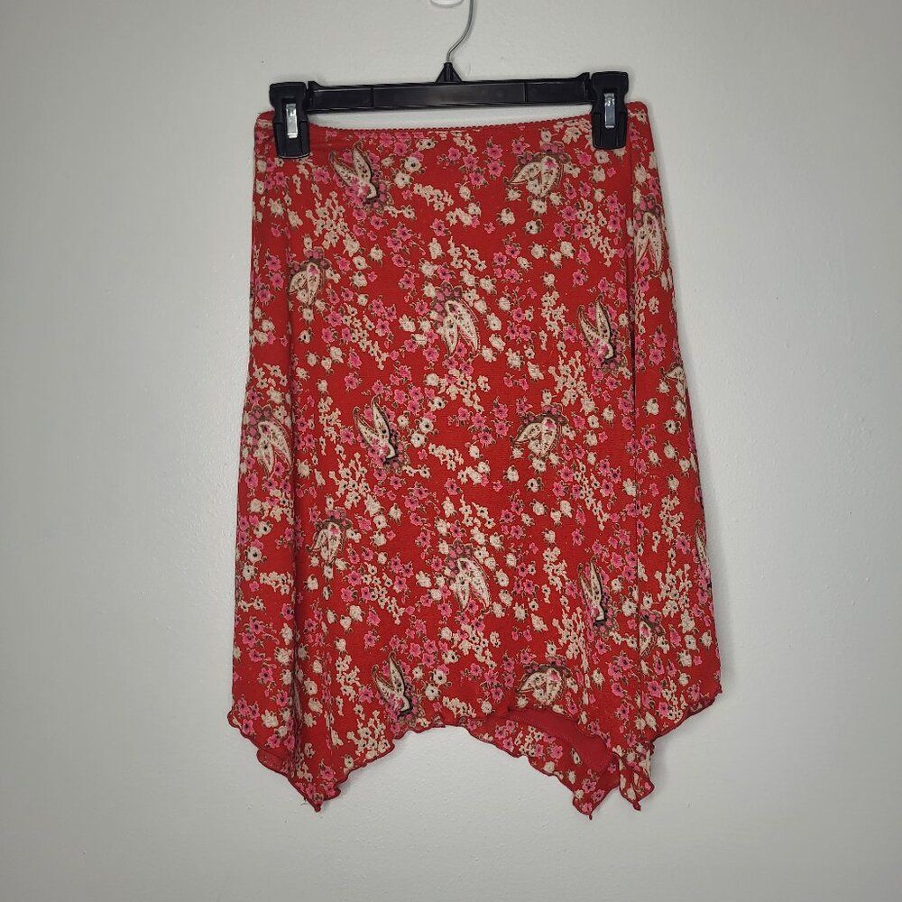 Y2k red witchy floral asymmetrical hem pull on mini skirt size large
